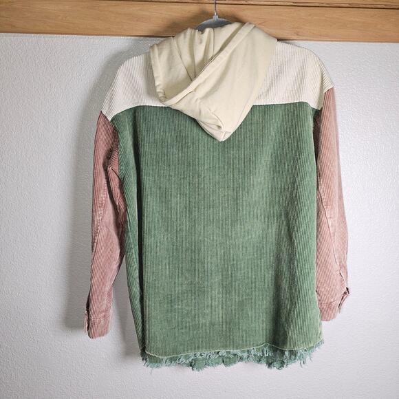 Corduroy Snap Up Jackey Green Tan Hooded Shacket Medium Frayed Hem - Picture 2 of 9